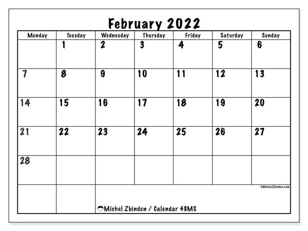 Printable February 2022 &quot;48Ms&quot; Calendar - Michel Zbinden En