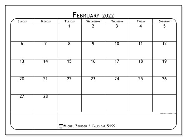 Printable February 2022 &quot;51Ss&quot; Calendar - Michel Zbinden En