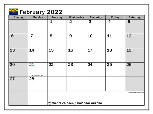 Printable February 2022 &quot;Arizona&quot; Calendar - Michel Zbinden En