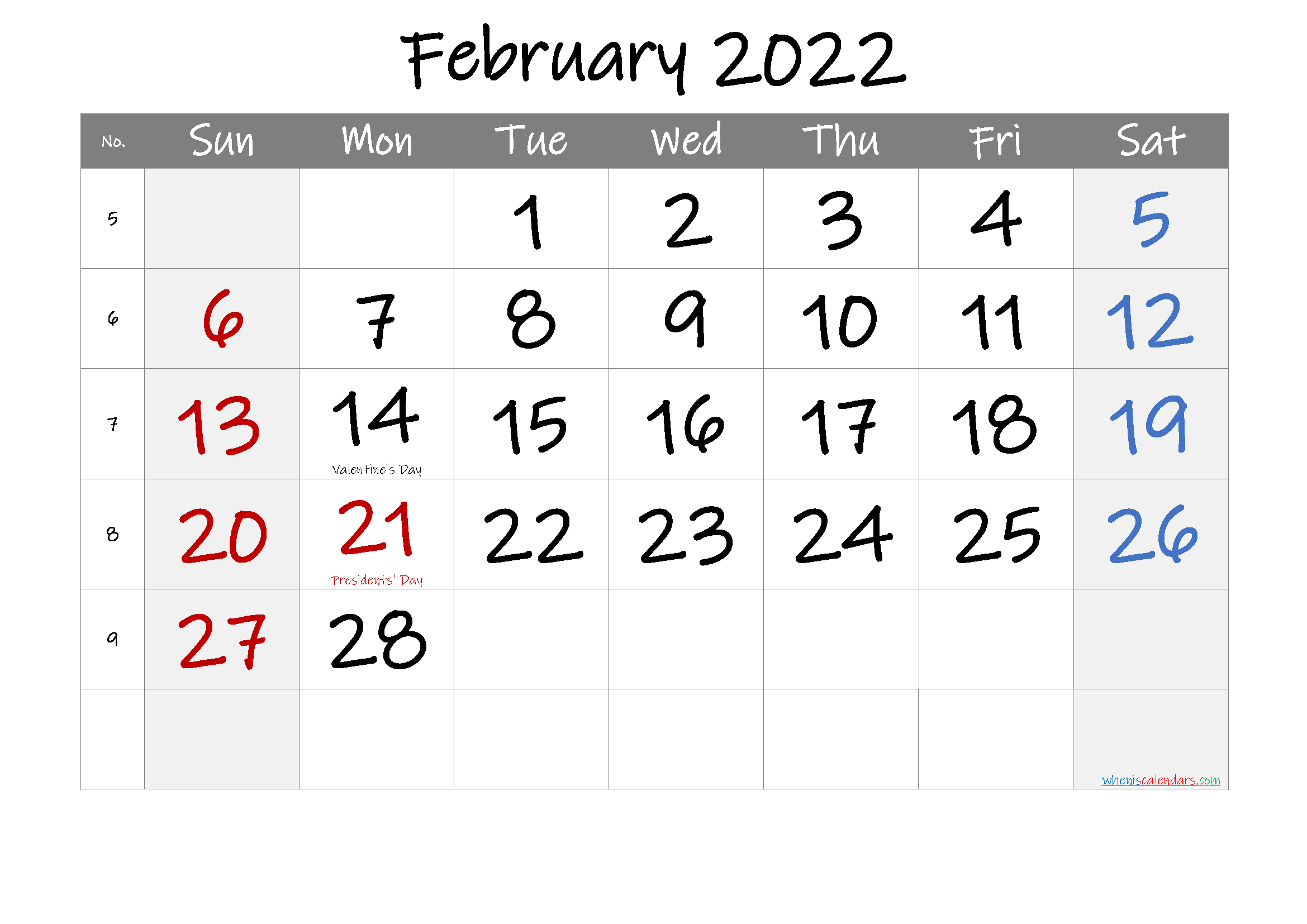 Printable February 2022 Calendar With Holidays - 6