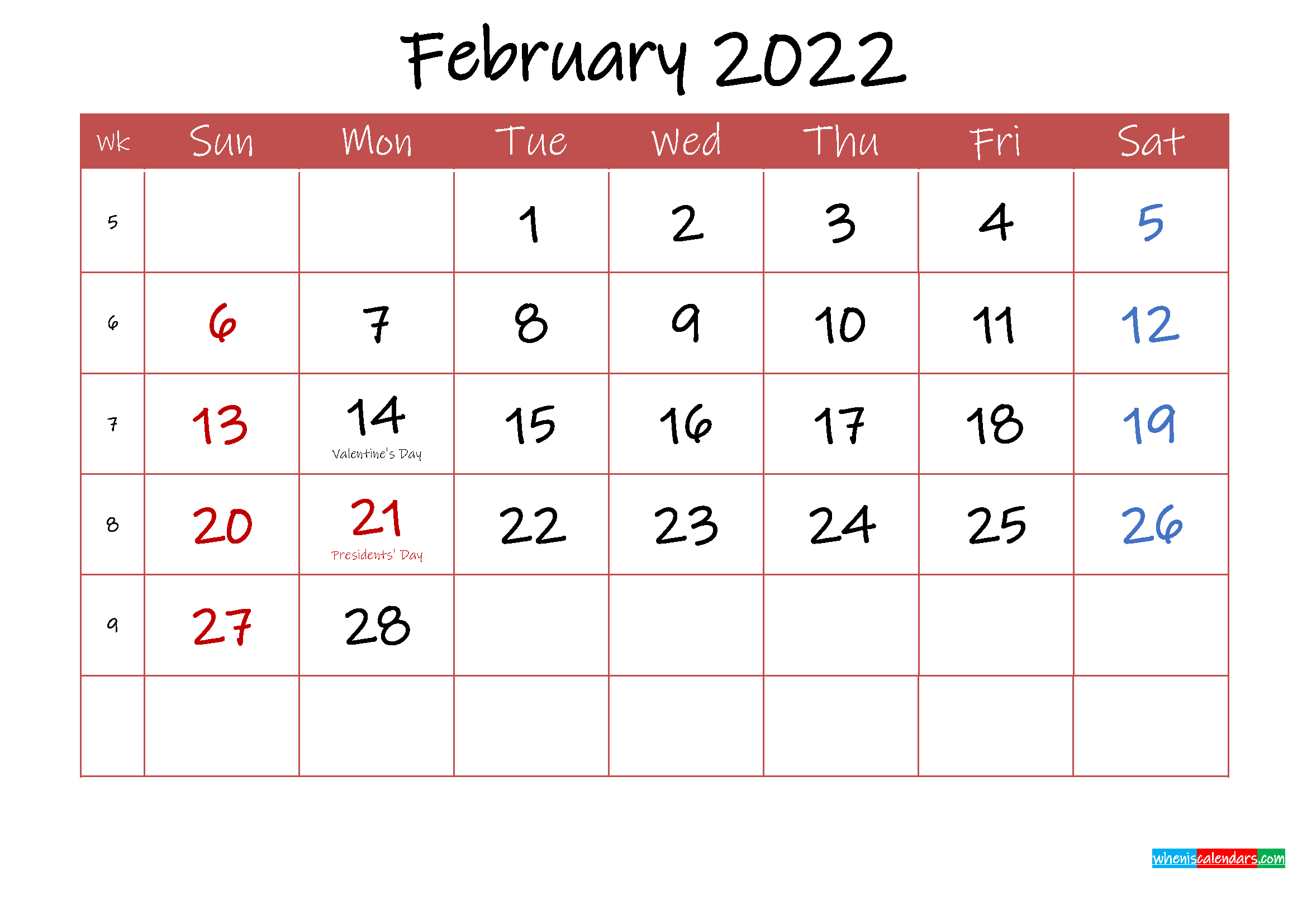 Printable February 2022 Calendar With Holidays - Template