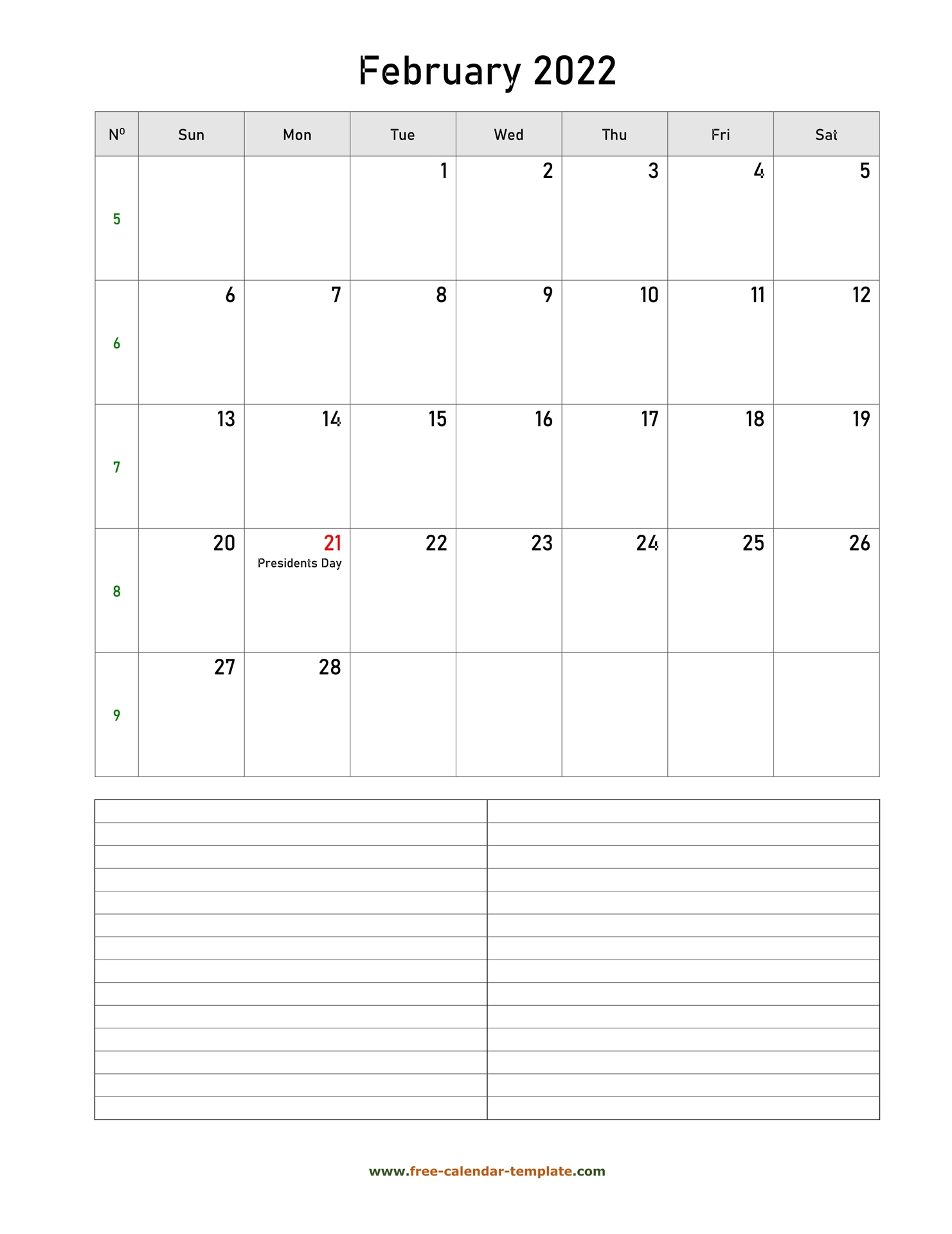Printable February 2022 Calendar With Space For Appointments (Vertical) | Free-Calendar-Template