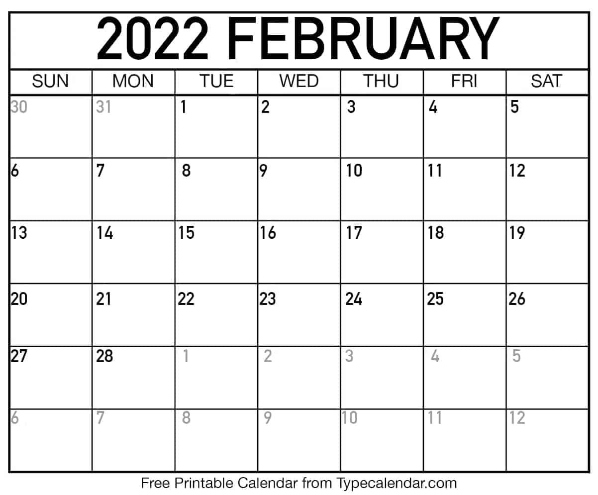 Printable February 2022 Calendar Zone