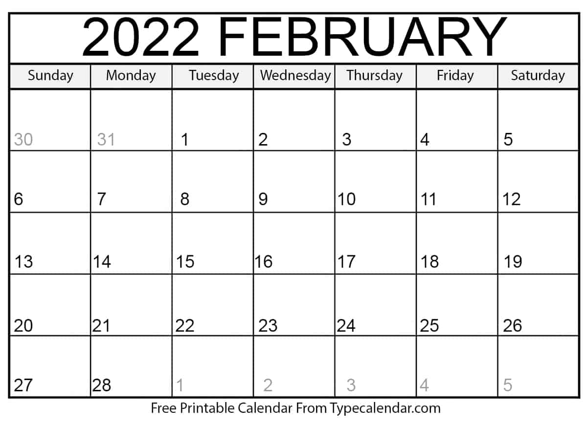 Printable February 2022 Calendar Zone