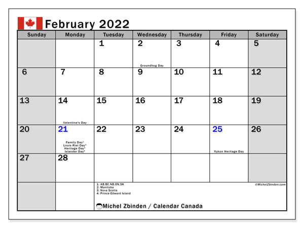 Printable February 2022 &quot;Canada&quot; Calendar - Michel Zbinden En