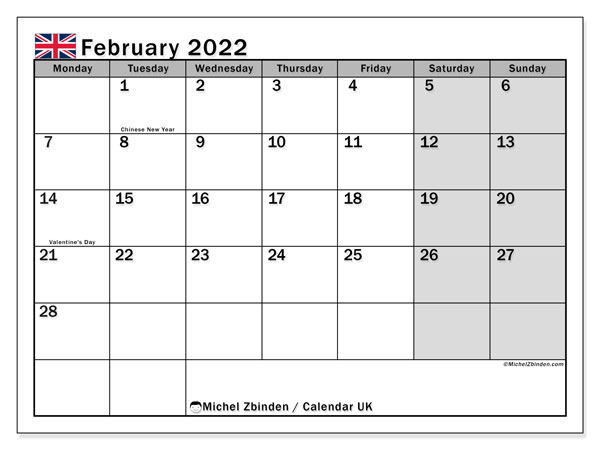 Printable February 2022 &quot;Uk&quot; Calendar - Michel Zbinden En