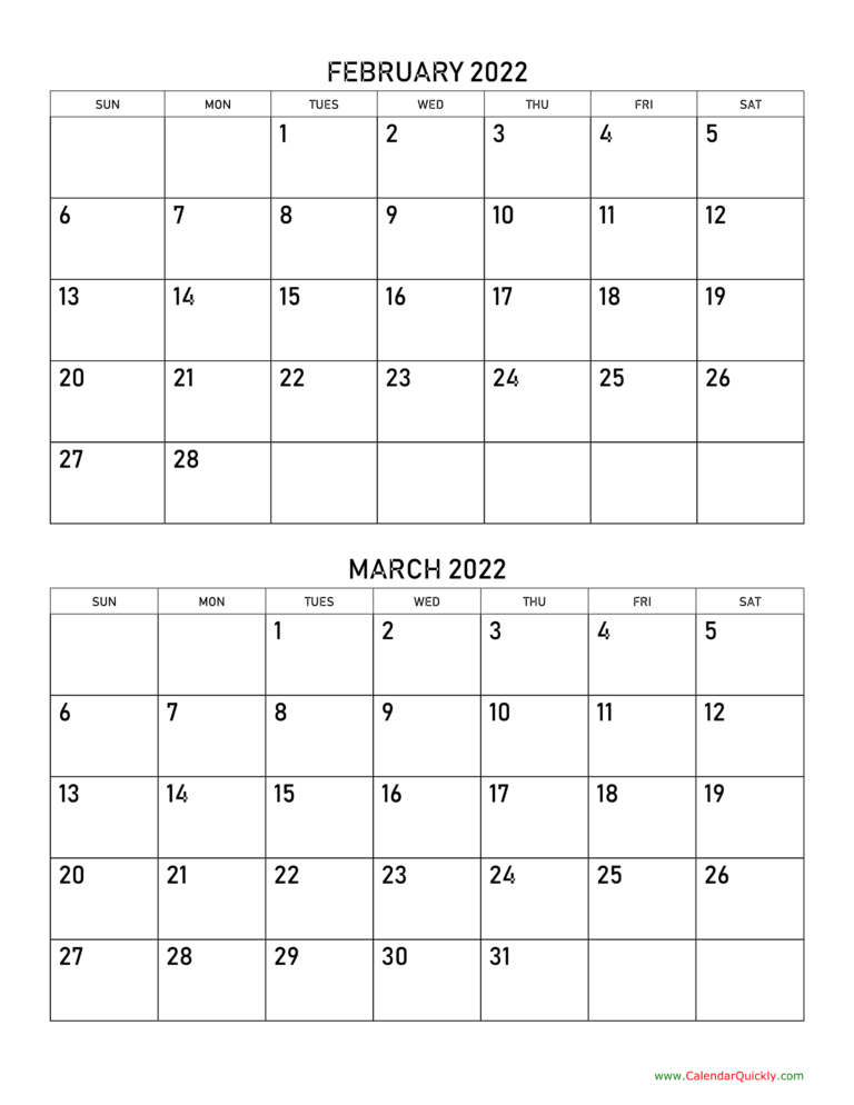 Printable February And March 2022 Calendar - Monthly