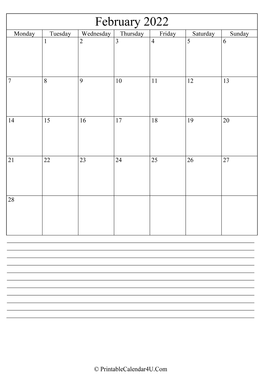 Printable February Calendar 2022 With Notes (Portrait)
