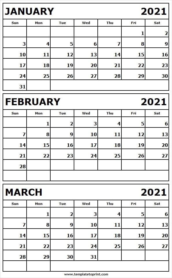 Printable Jan To Mar 2021 Calendar Template - Editable