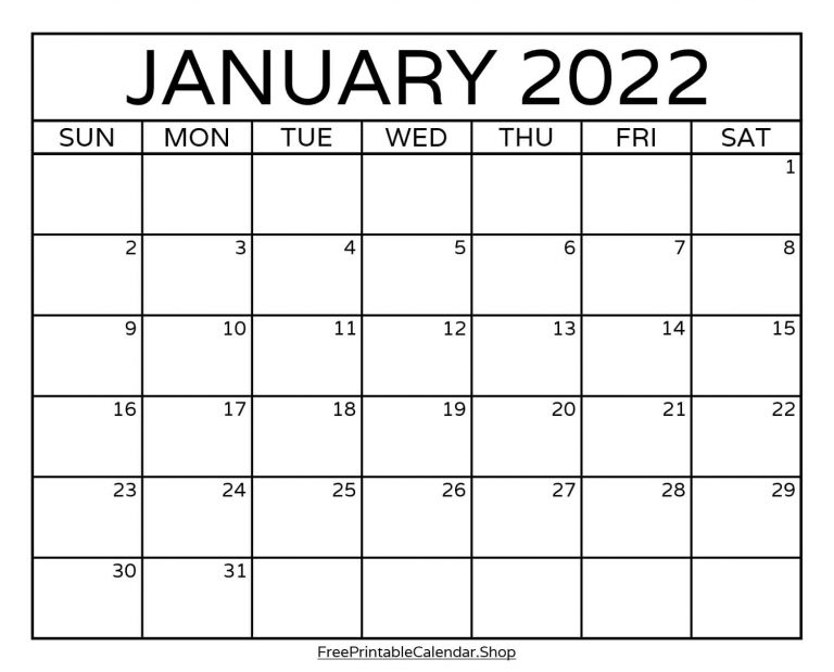 Printable January 2022 Calendar - Pdf &amp; Jpg - Free Shop
