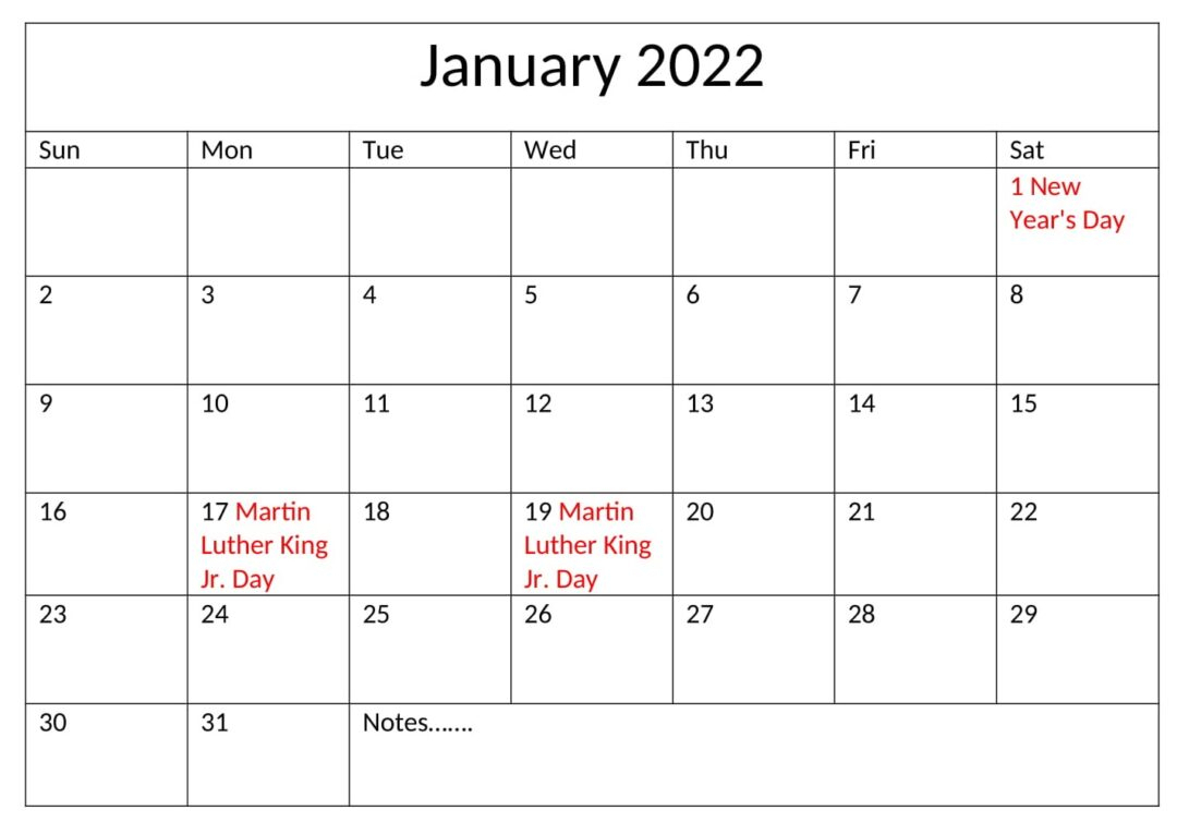 Printable January 2022 Calendar With Holidays