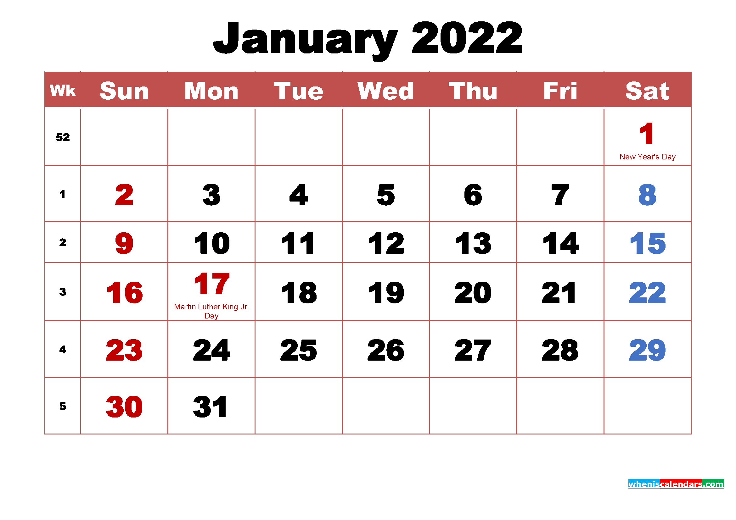 Printable January 2022 Calendar With Holidays Word, Pdf