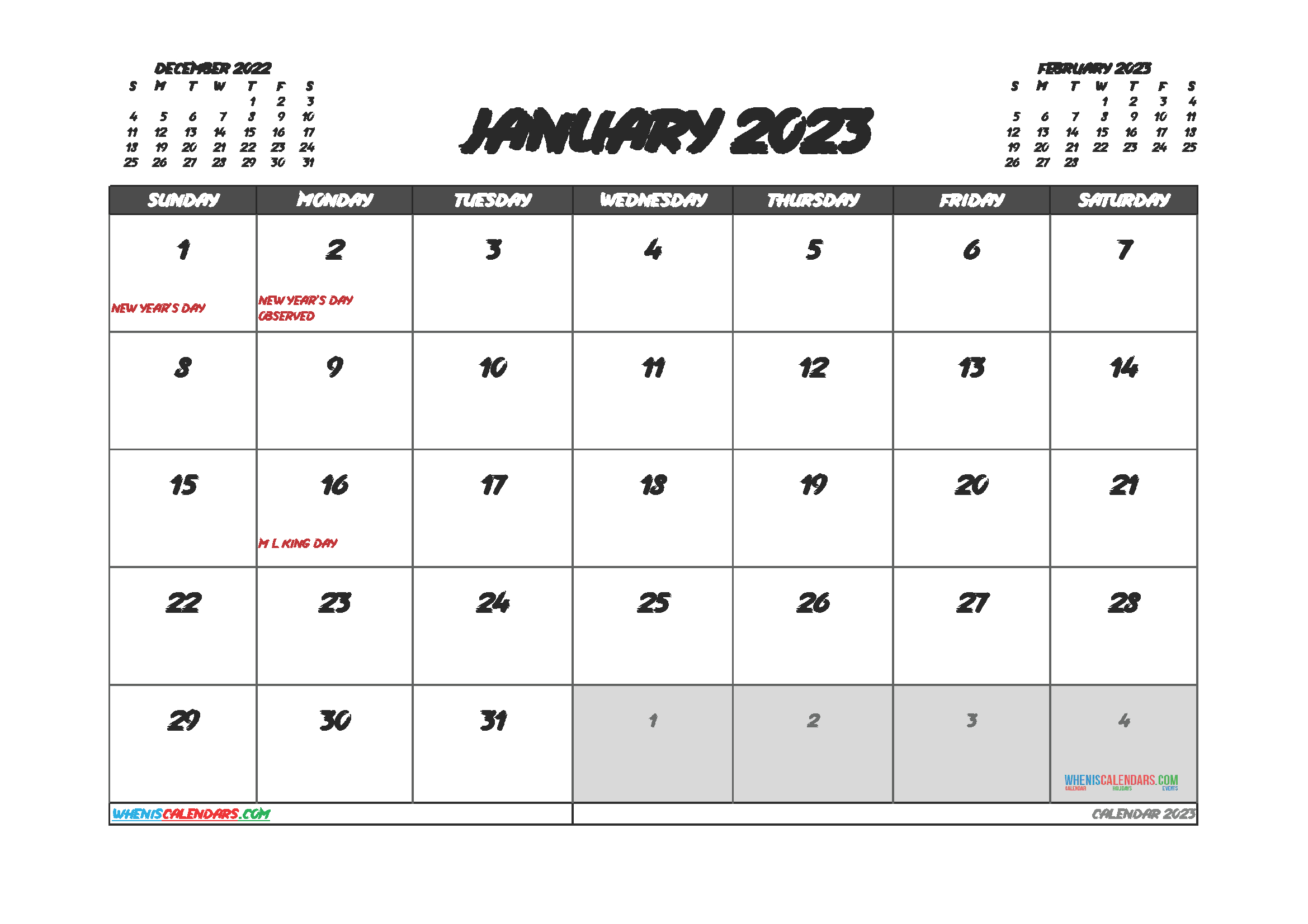 Printable January 2023 Calendar Free - 12 Templates - Free