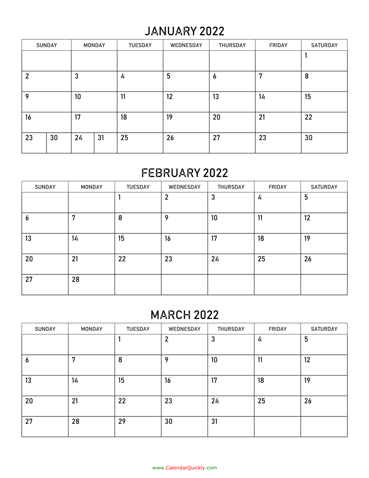 Printable January March 2022 Calendar - Print A Calendars