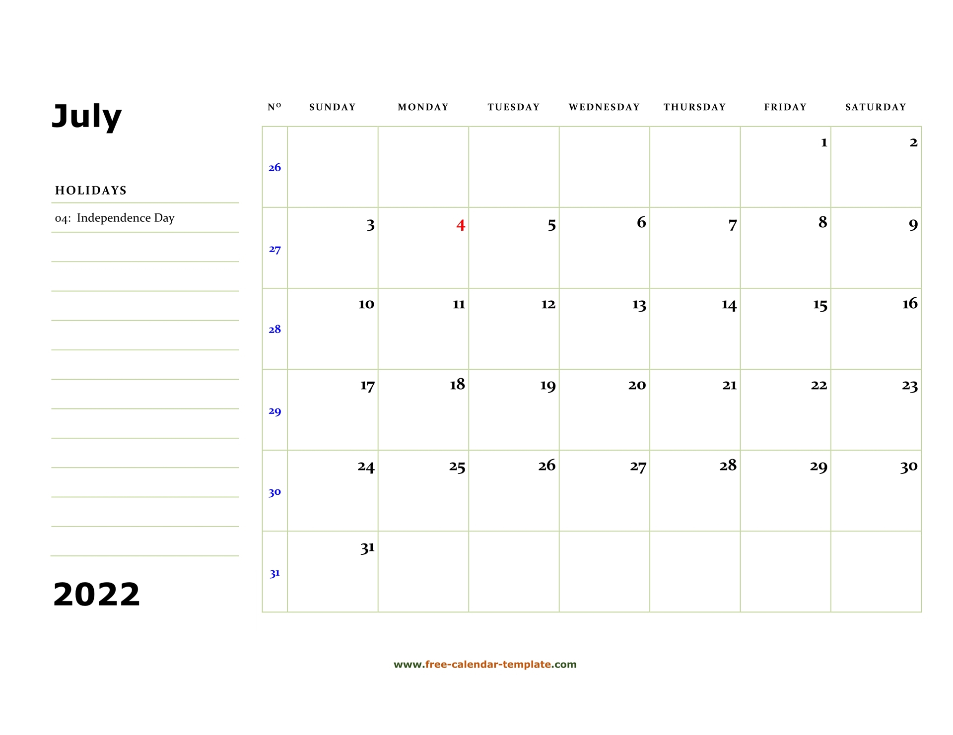 Printable July 2022 Calendar (Box And Lines For Notes