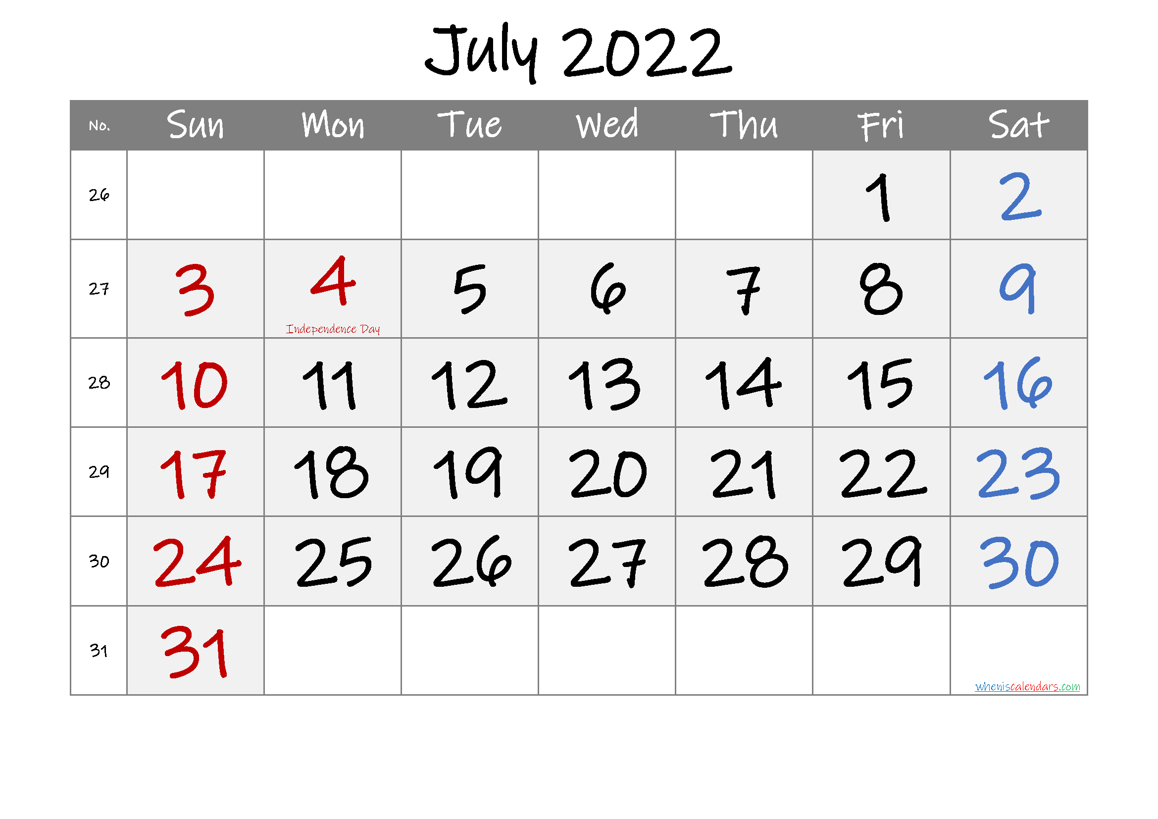 Printable July 2022 Calendar With Holidays - 6 Templates