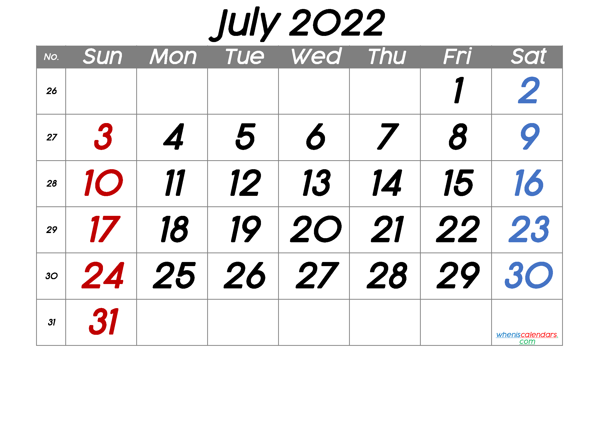 Printable July 2022 Calendar With Week Numbers
