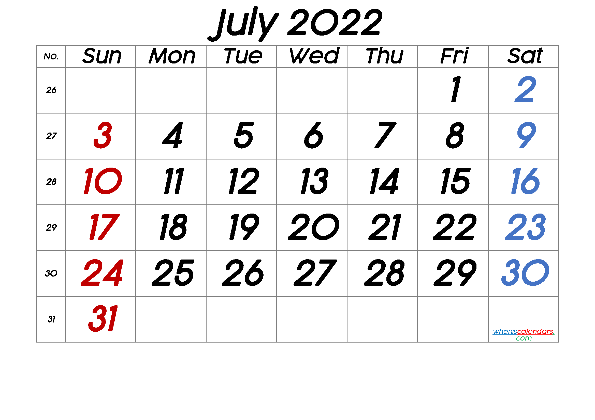 Printable July 2022 Calendar