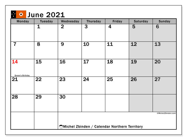 Printable June 2021 &quot;Northern Territory&quot; Calendar - Michel