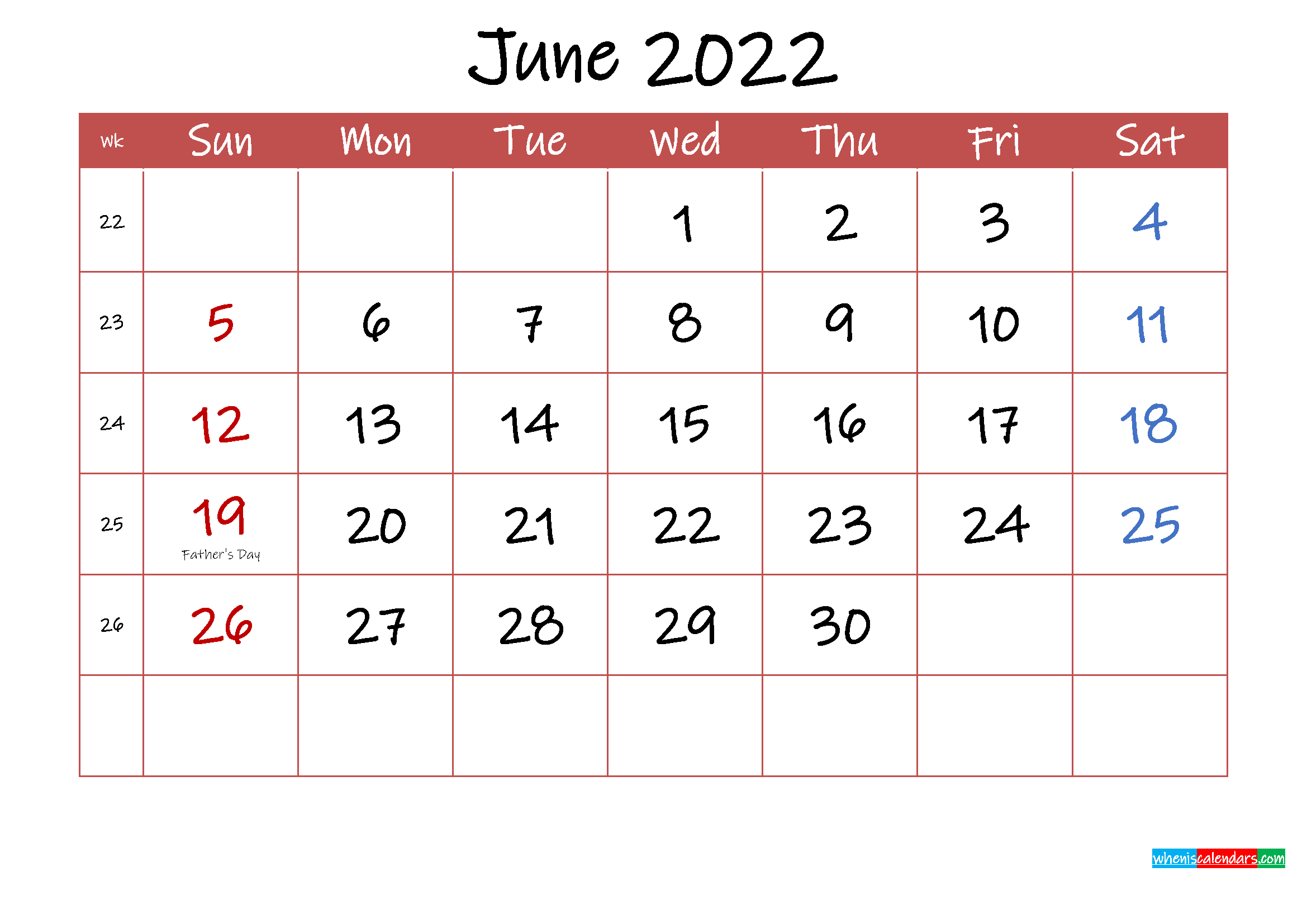 Printable June 2022 Calendar With Holidays - Template Ink22M30