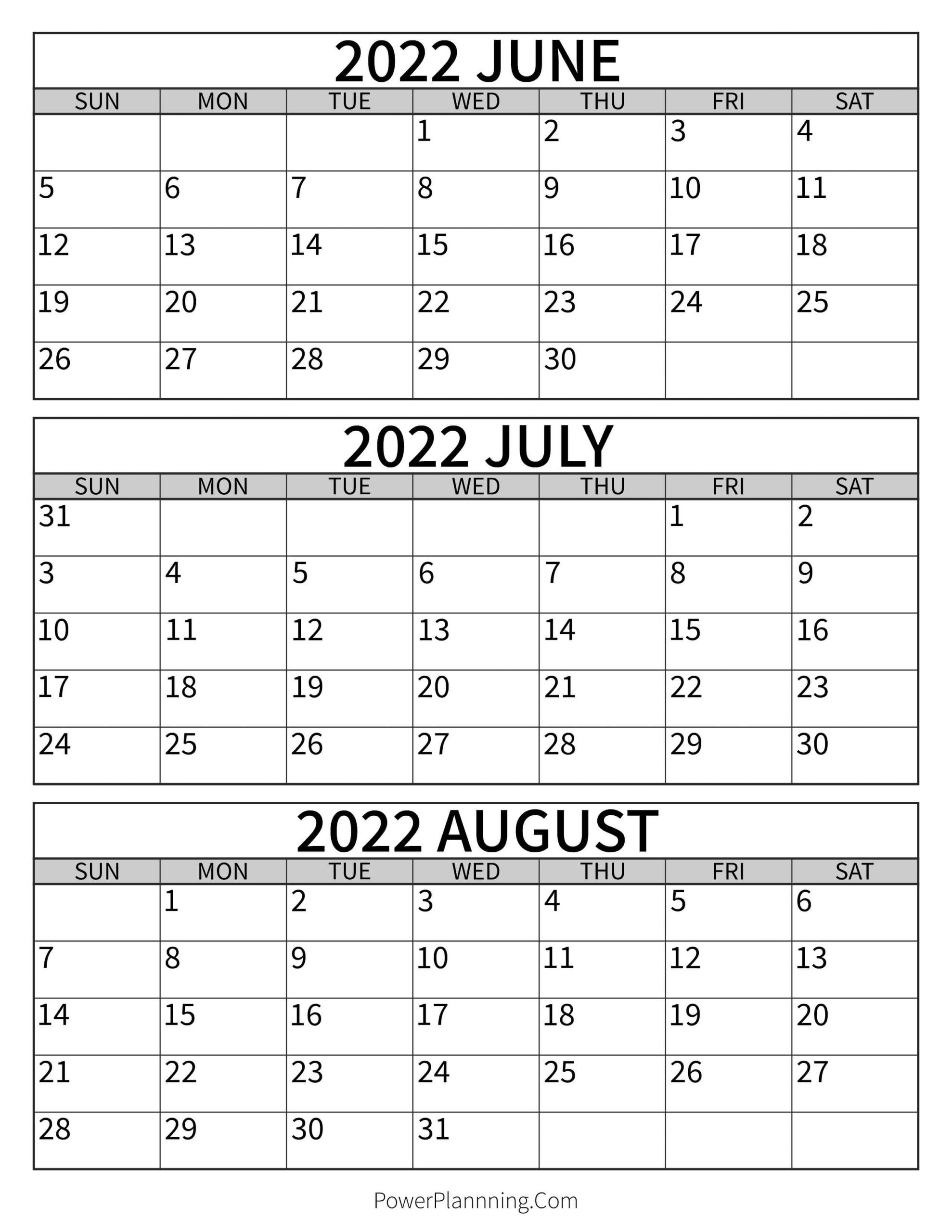 Printable June To August 2022 Calendar Free Templates