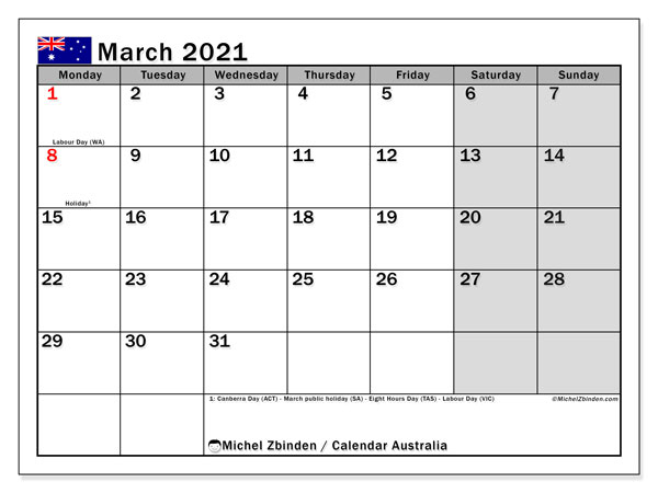 Printable March 2021 &quot;Australia&quot; Calendar - Michel Zbinden En