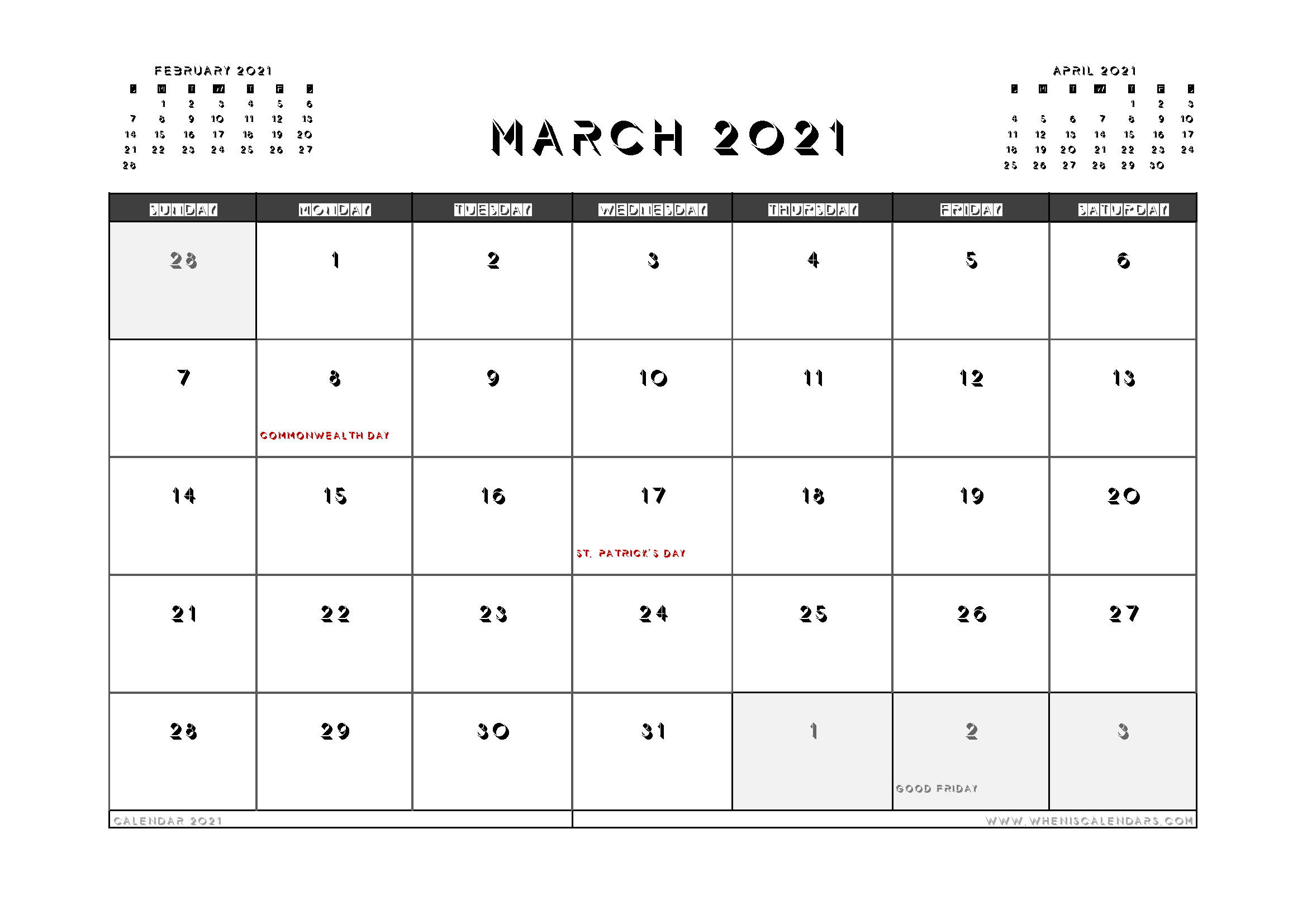 Printable March 2021 Calendar Canada