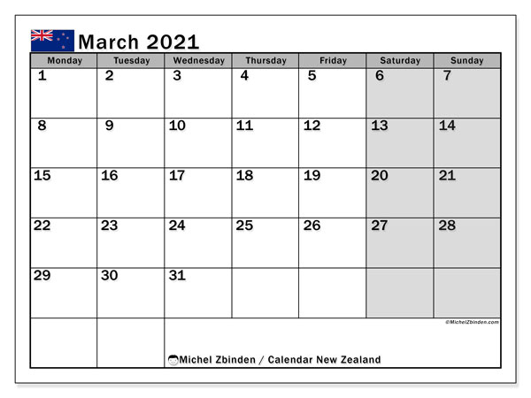Printable March 2021 &quot;New Zealand&quot; Calendar - Michel