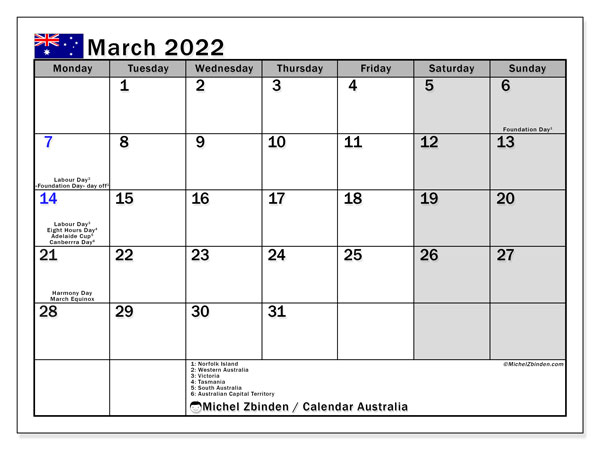 Printable March 2022 &quot;Australia&quot; Calendar - Michel Zbinden En
