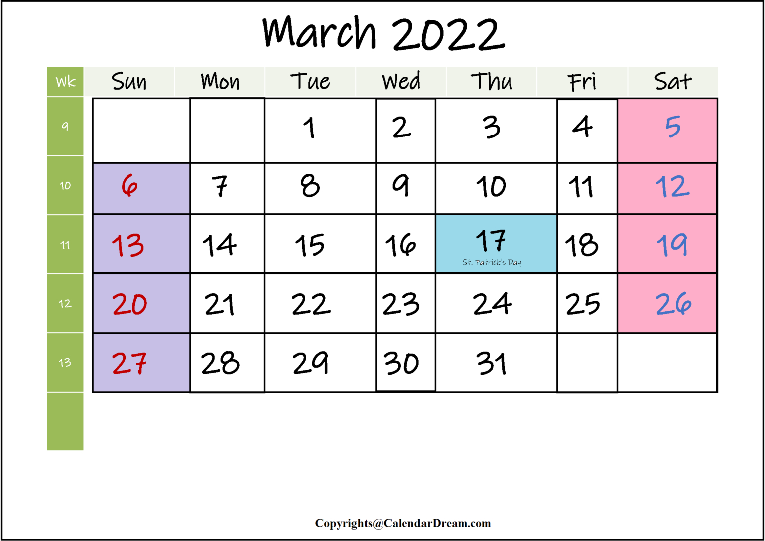 Printable March 2022 Calendar With Holidays In Pdf Word