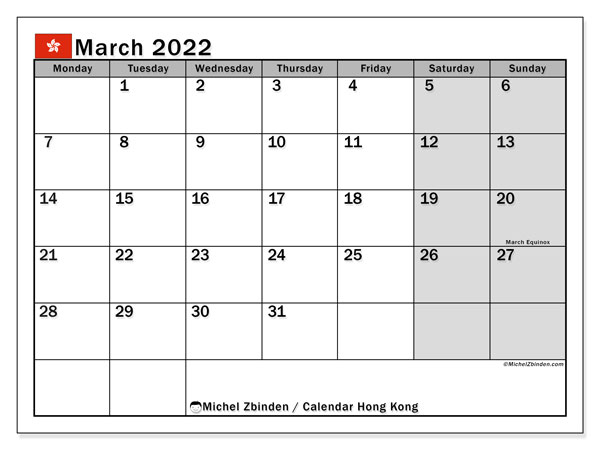 Printable March 2022 &quot;Hong Kong&quot; Calendar - Michel Zbinden En