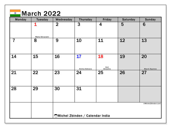 Printable March 2022 &quot;India&quot; Calendar - Michel Zbinden En