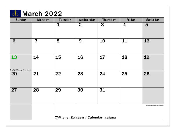 Printable March 2022 &quot;Indiana&quot; Calendar - Michel Zbinden En