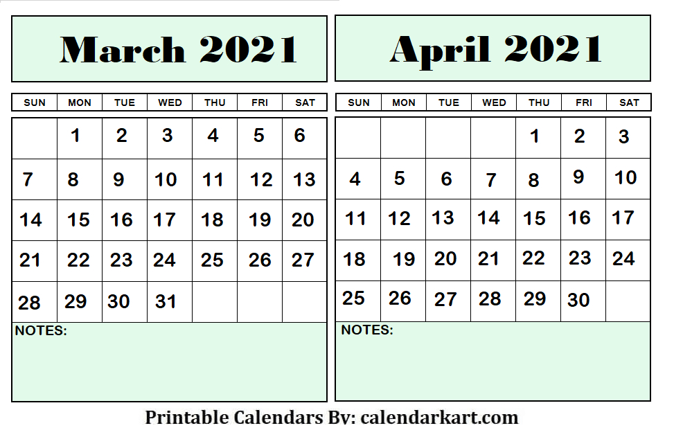 Printable March April 2021 Calendar On One Page: 4 Elegant