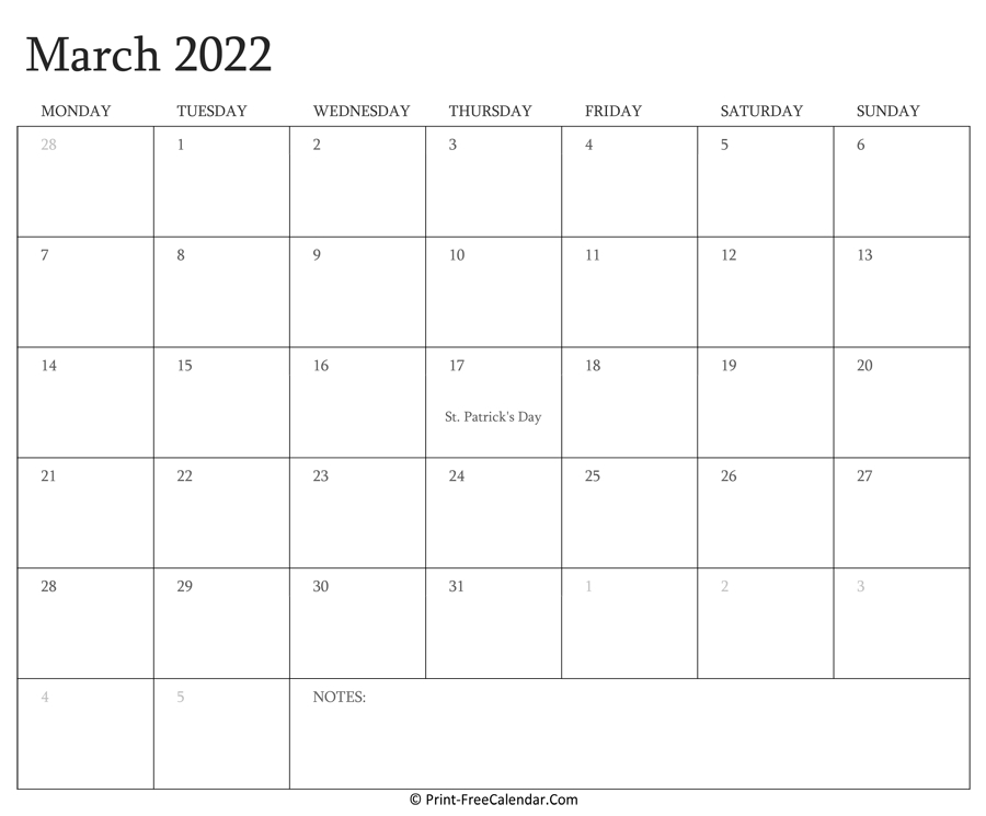 Printable March Calendar 2022 With Holidays