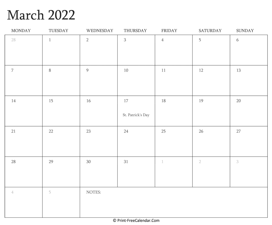 Blank Calendar March 2022 Printable Calendar Template 2022