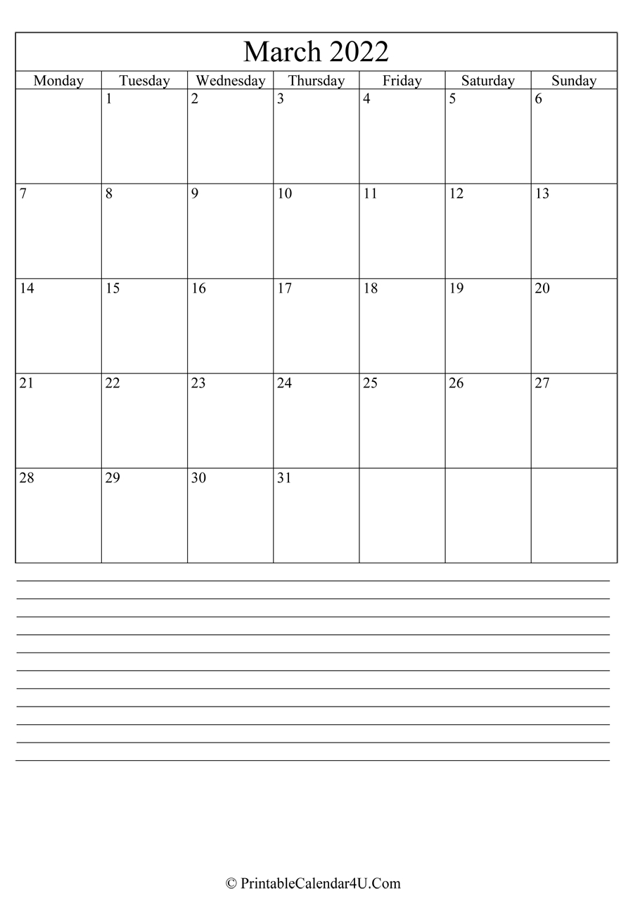 Printable March Calendar 2022 With Notes (Portrait)