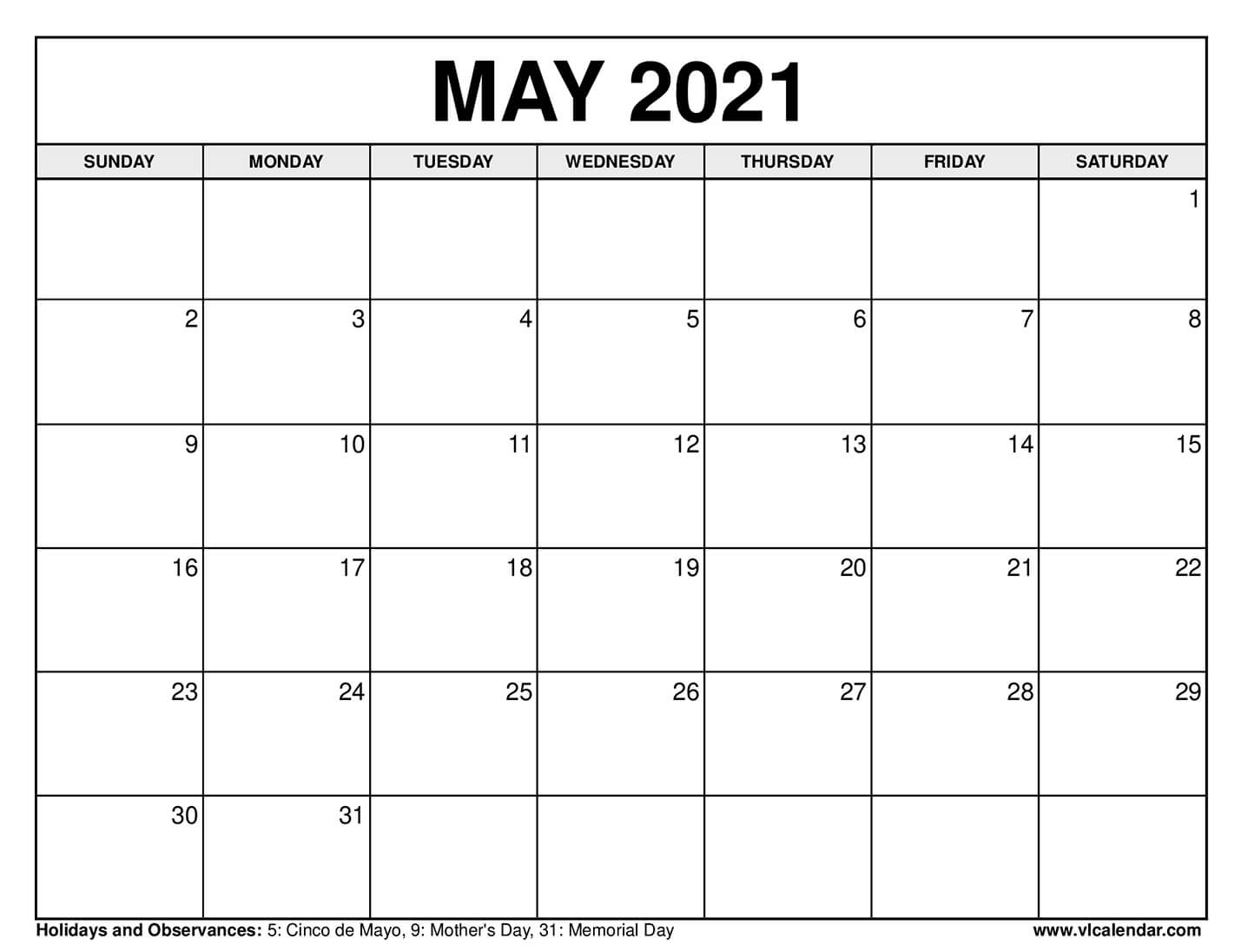 Printable May 2021 Calendar Templates With Holidays