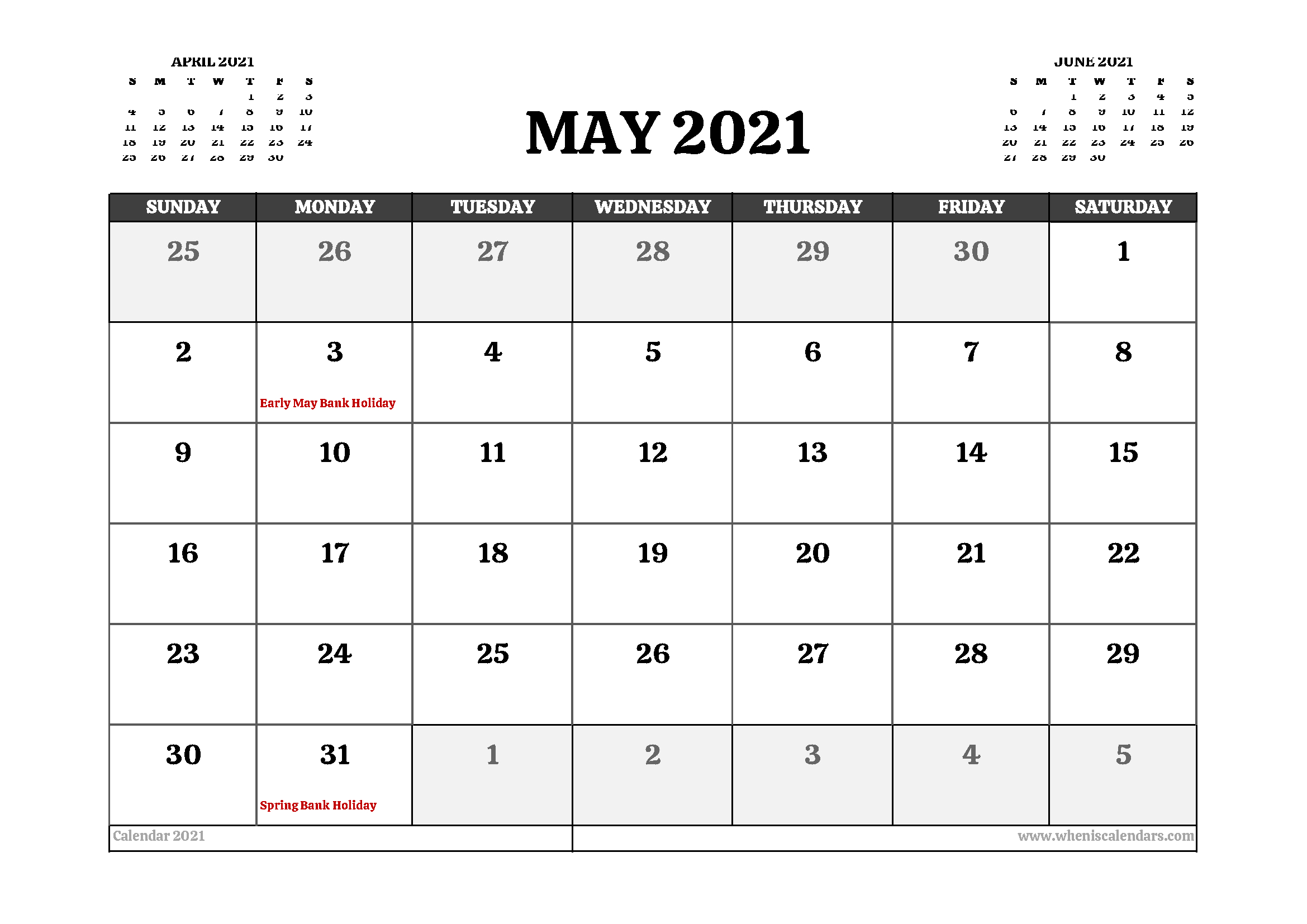 Printable May 2021 Calendar Uk