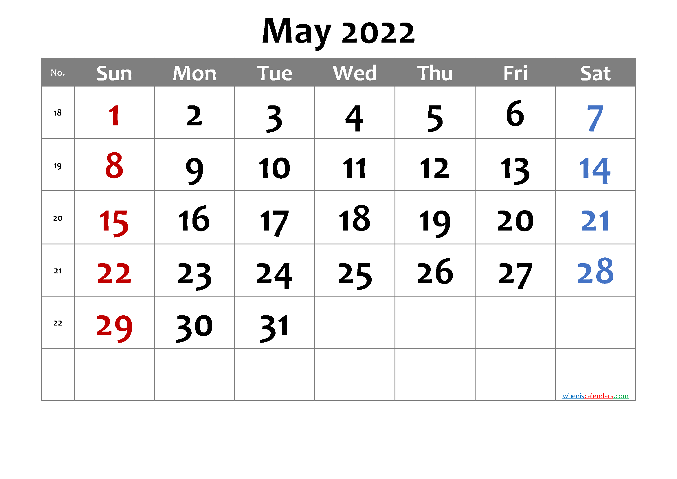 Printable May 2022 Calendar - 6 Templates