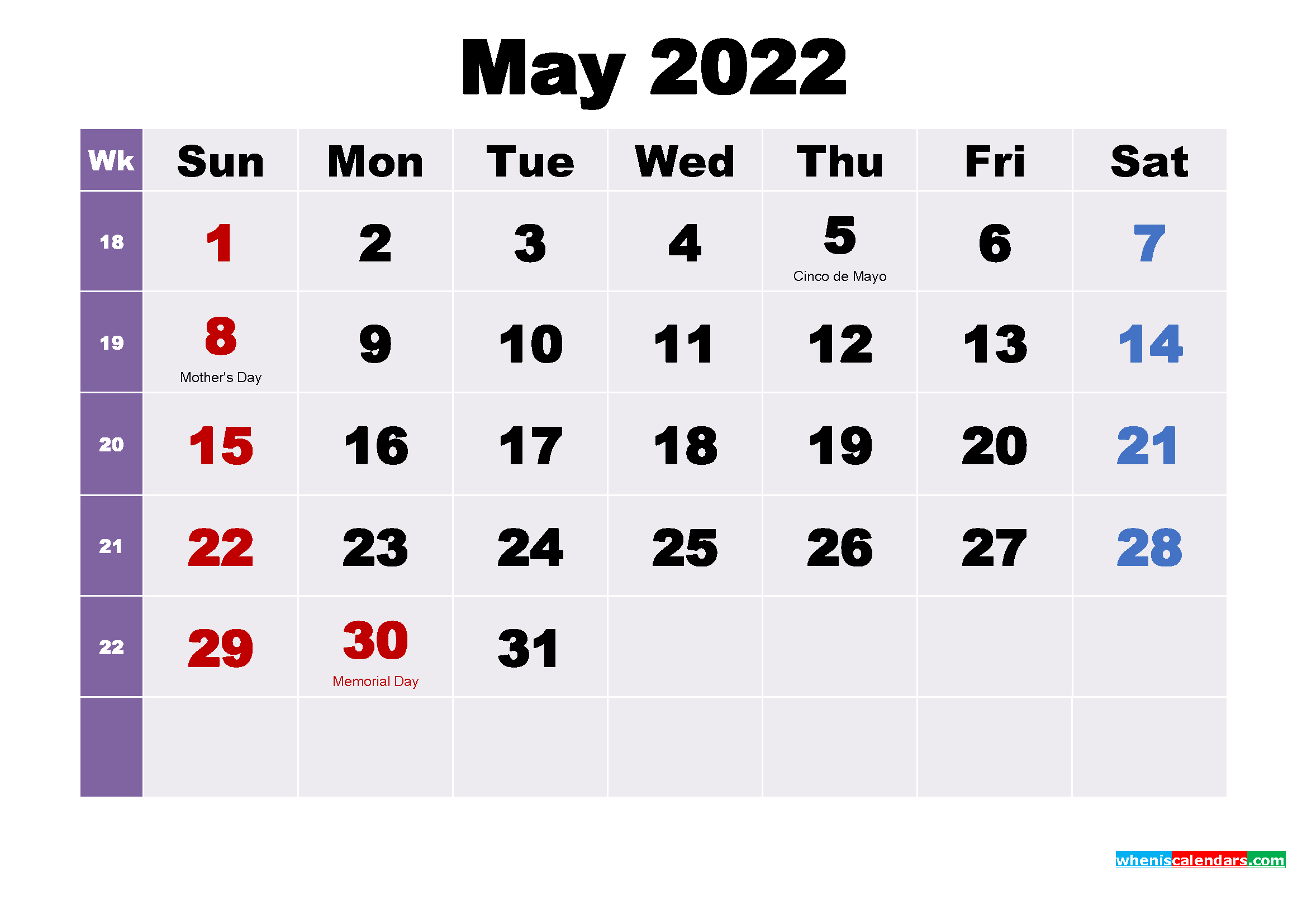 Printable May 2022 Calendar With Holidays Word, Pdf
