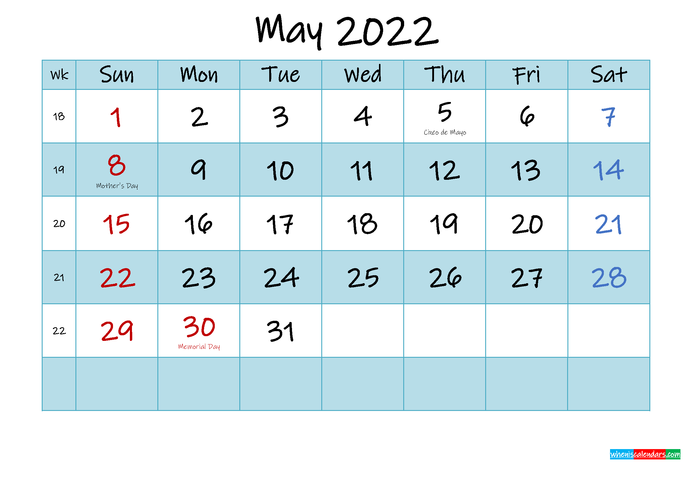 Printable May 2022 Calendar Word - Template Noink22M473
