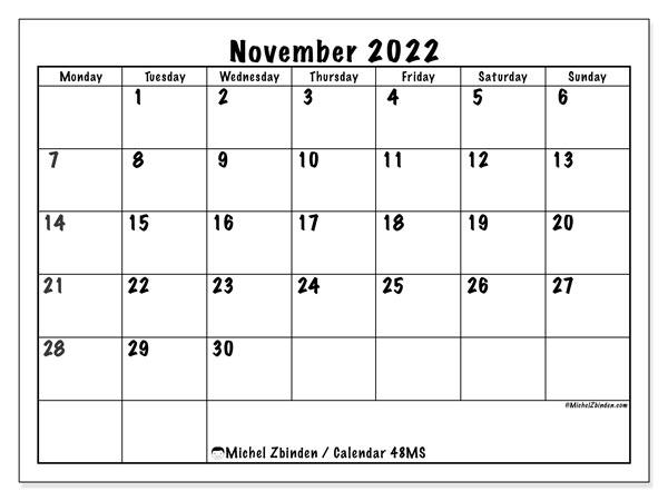 Printable November 2022 &quot;48Ms&quot; Calendar - Michel Zbinden En