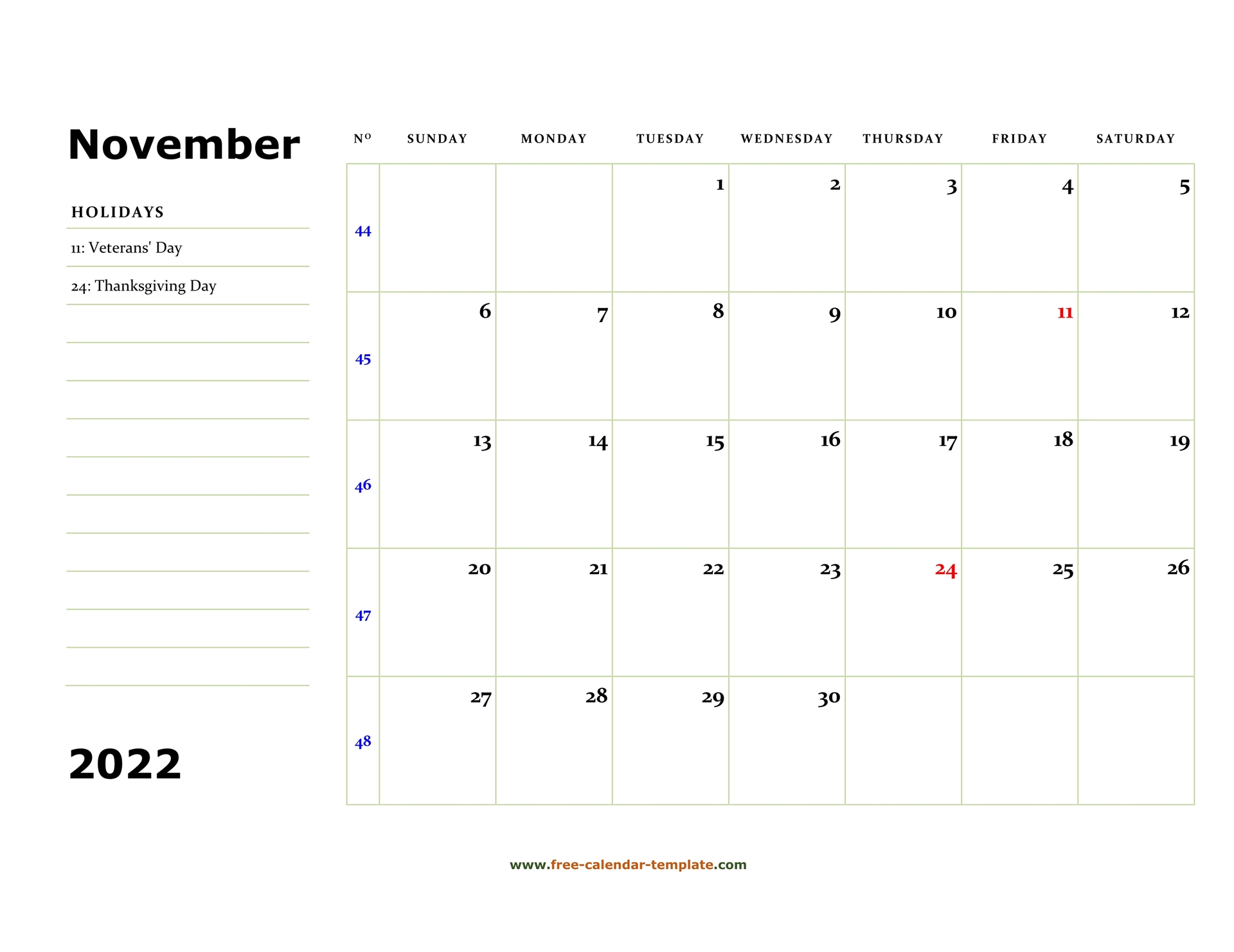 Printable November 2022 Calendar (Box And Lines For Notes