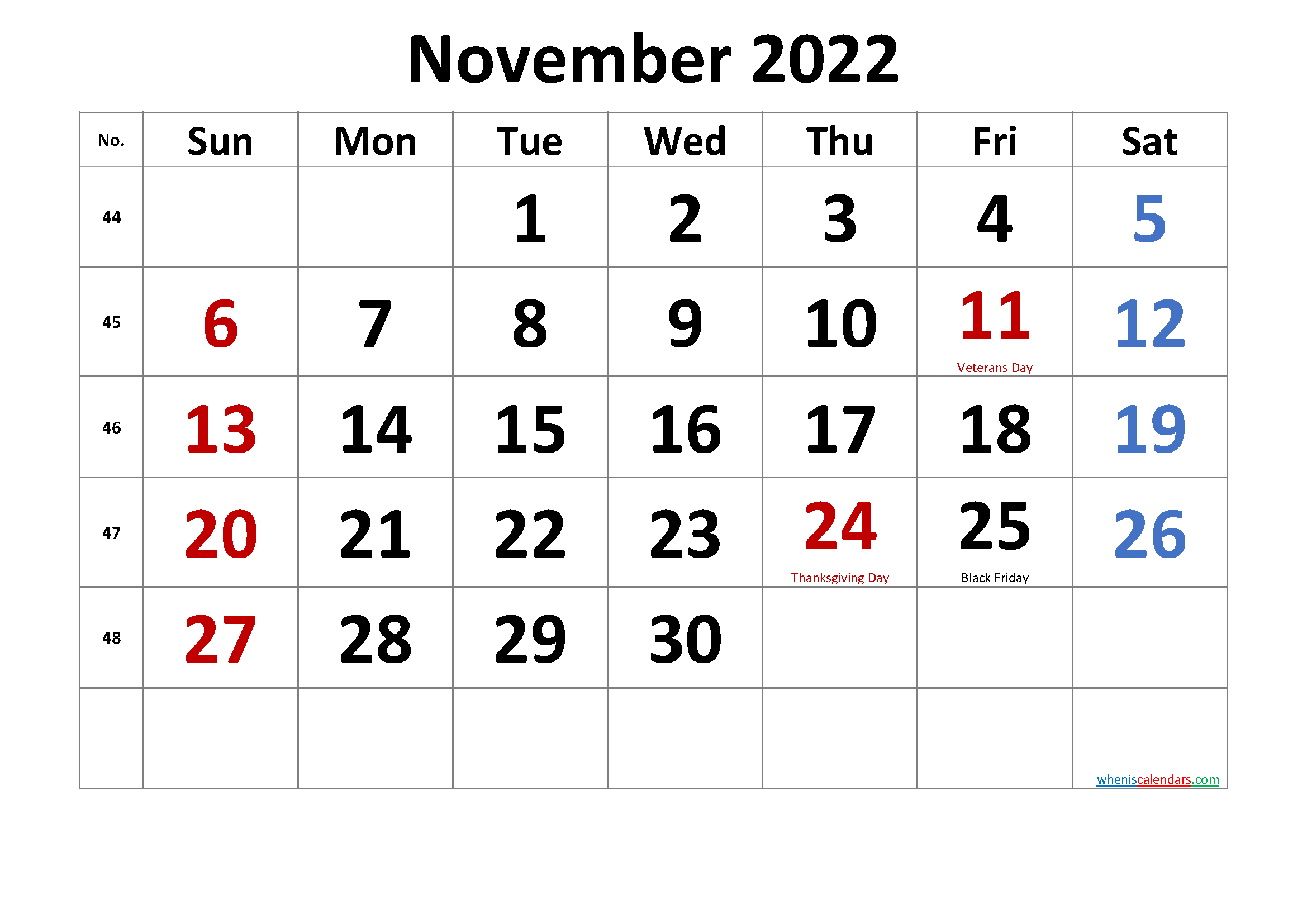 Printable November 2022 Calendar With Holidays