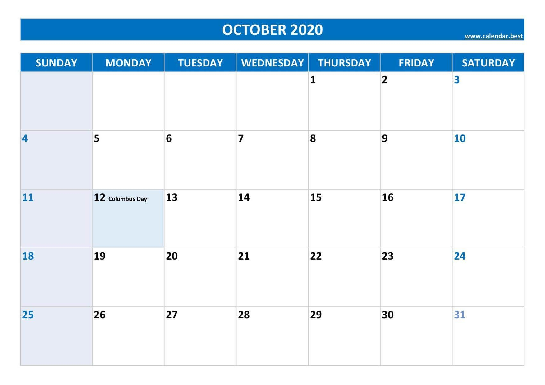 Printable October 2020 Holidays Calendar Template In 2020