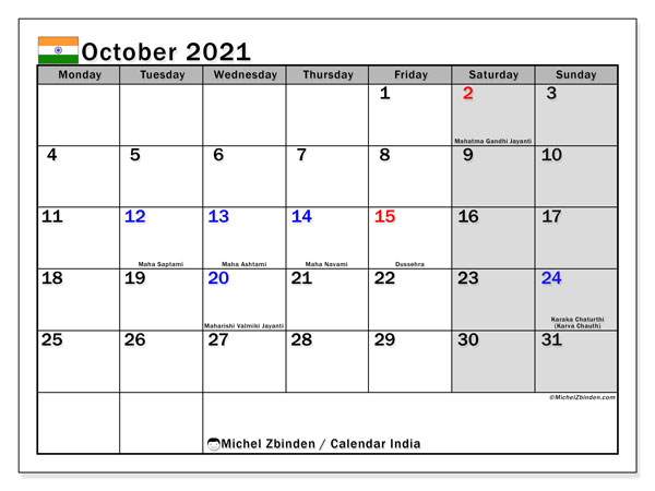 Printable October 2021 &quot;India&quot; Calendar - Michel Zbinden En