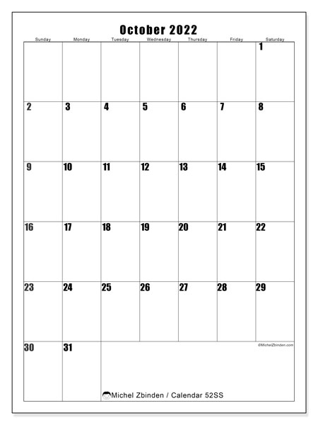 Printable October 2022 &quot;52Ss&quot; Calendar - Michel Zbinden En