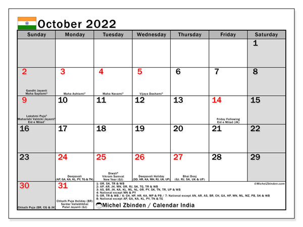 Printable October 2022 &quot;India (Ss)&quot; Calendar - Michel