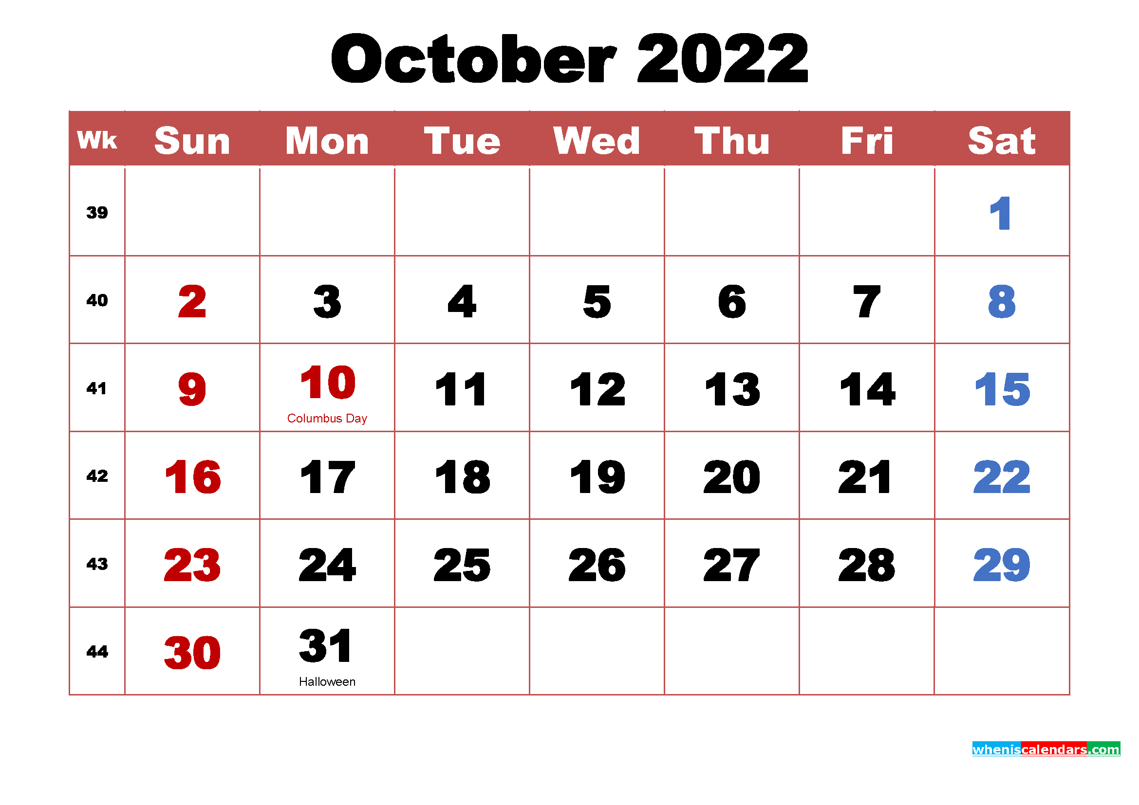 Printable October Calendar 2022 Desk